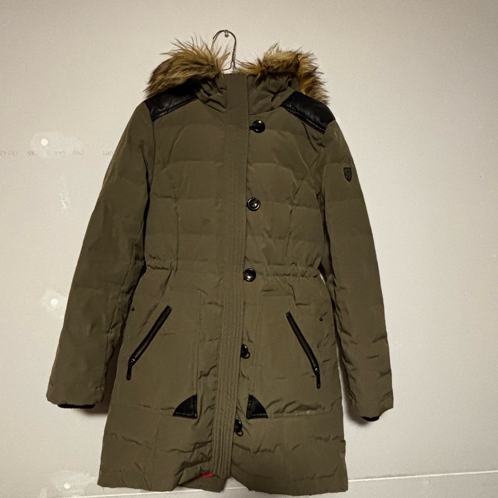 Vince Camuto Olive Green Puffer Coat with Faux Fur Trim